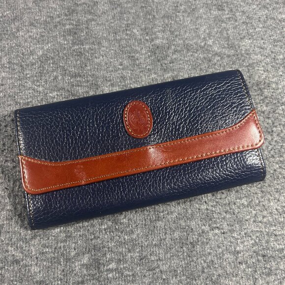 Liz Claiborne Vintage Crest Logo signature Navy and Brown leather wallet - Picture 1 of 11